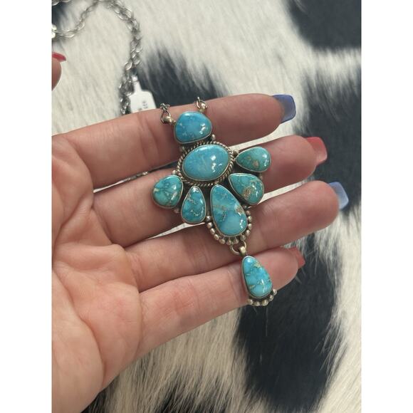 Native American SW Sterling Silver Blue Ridge Turquoise Cluster Blossom Necklace - Picture 6 of 9